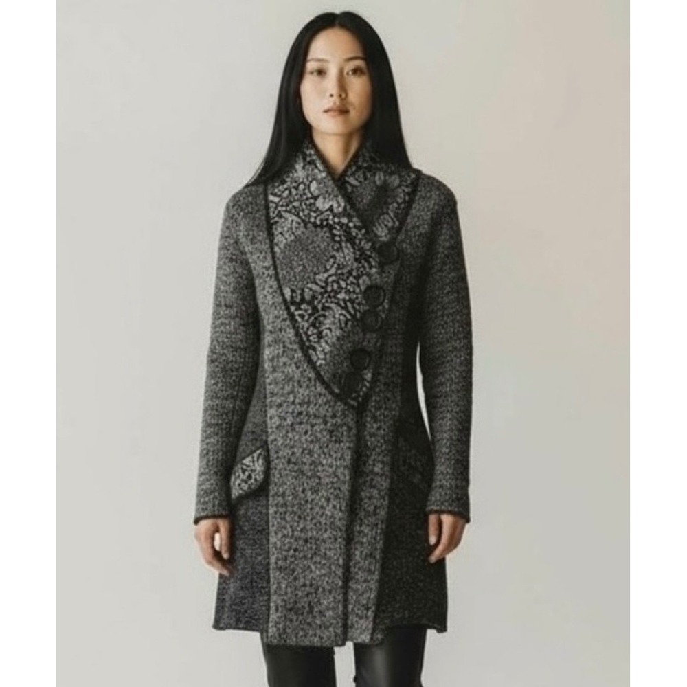 Anna Bella Grey Black Floral Jacquard Asymmetrical Cardigan Coat Size Medium